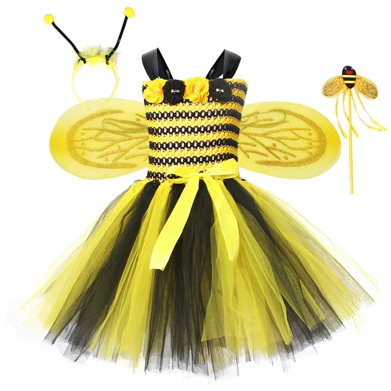 Cosplay Winged Bee Girls Dress Children's Performance Saree Halloween Party Costumes Black and Yellow Striped Princess Dresses