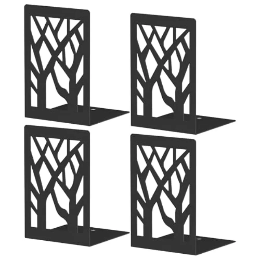 Bookends 4 Pieces, Tree Design Modern Metal Bookends for Shelves, Black Tree Book Ends Decorative Book Organizer for Desk, Deco