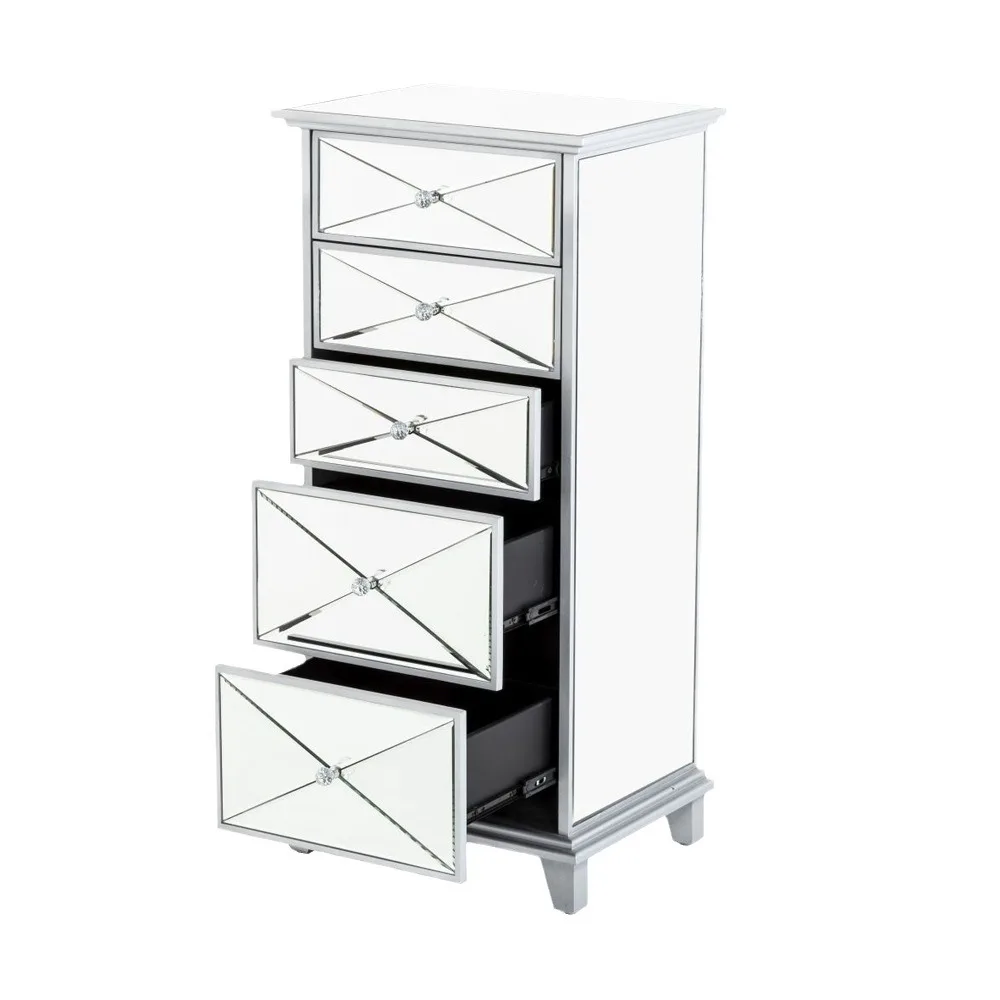 

Зеркальный шкаф-комод для гостиной, серебристый, 5 ящиков, высокий