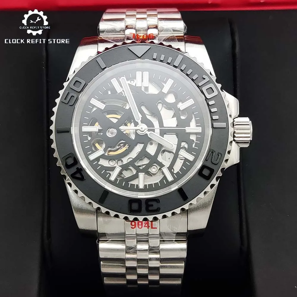 Men's NH70 Automatic Skeleton Watch, Silver-coloured Stainless Steel Case, Single Rotating Bezel, 5-Baht Strap, Fashionable