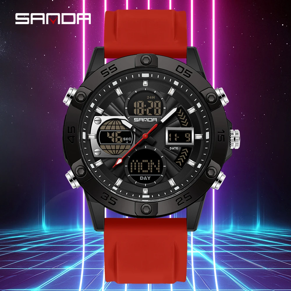 SANDA ساعة رياضية رجالية عصرية جديدة 6239 مع شاشات مزدوجة وحركات مزدوجة، هدية متعددة الوظائف مقاومة للماء 5ATM