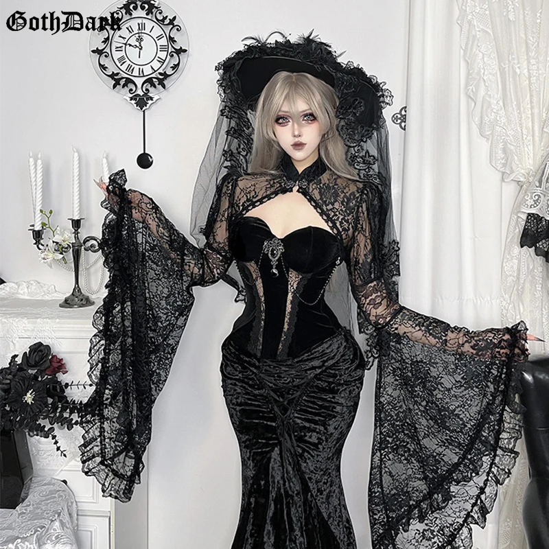 Goth Dark Aesthetic Woman Clothes Flared Long Sleeves Lace Cover Up See Through  Vampire Dark Romance Lolita Vintage Clothes