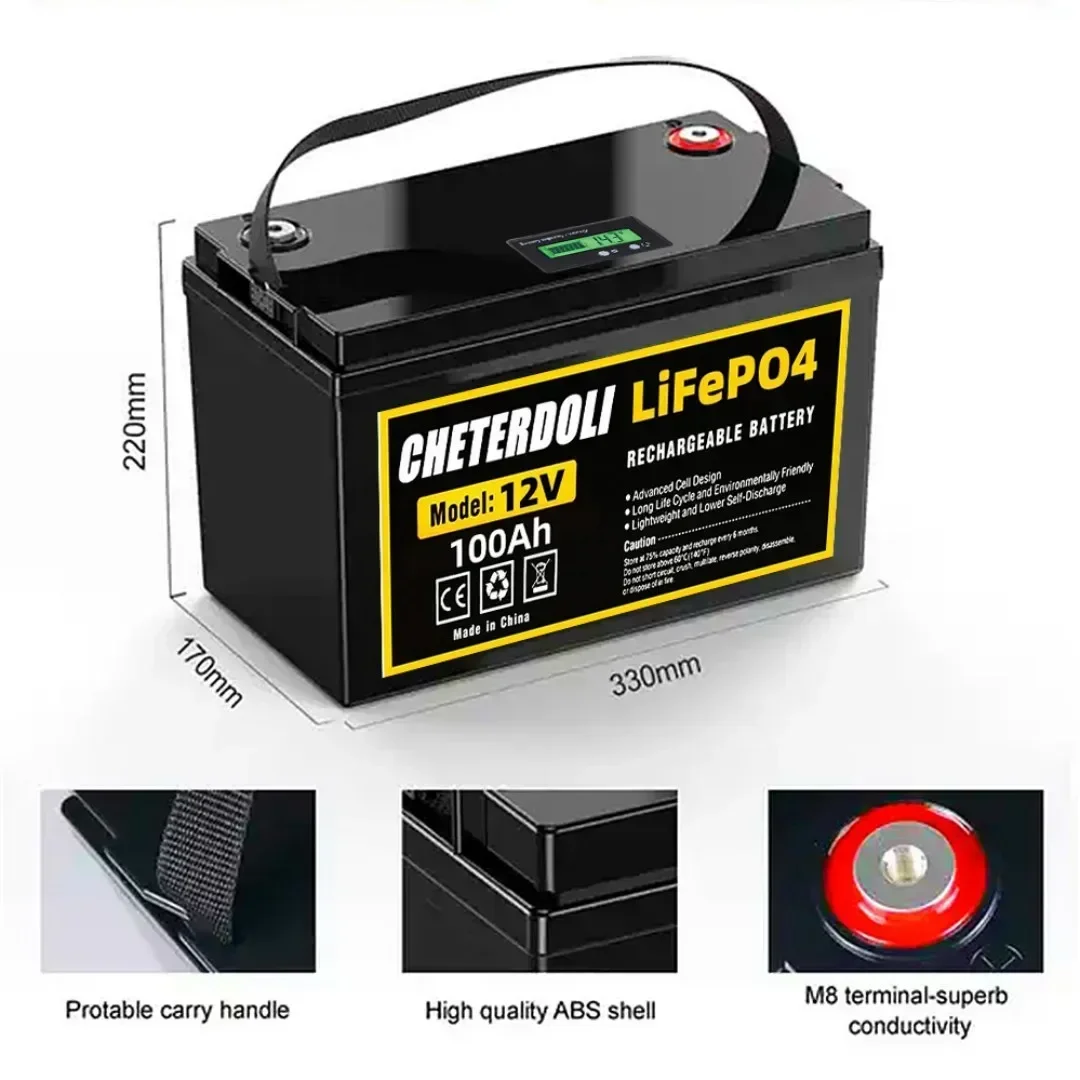 Upgraded 12V 100Ah LiFePO4 Rechargeable Battery 14.6V 10A Charger Included Deep Cycle for Inverter Car Lighter Solar Storage
