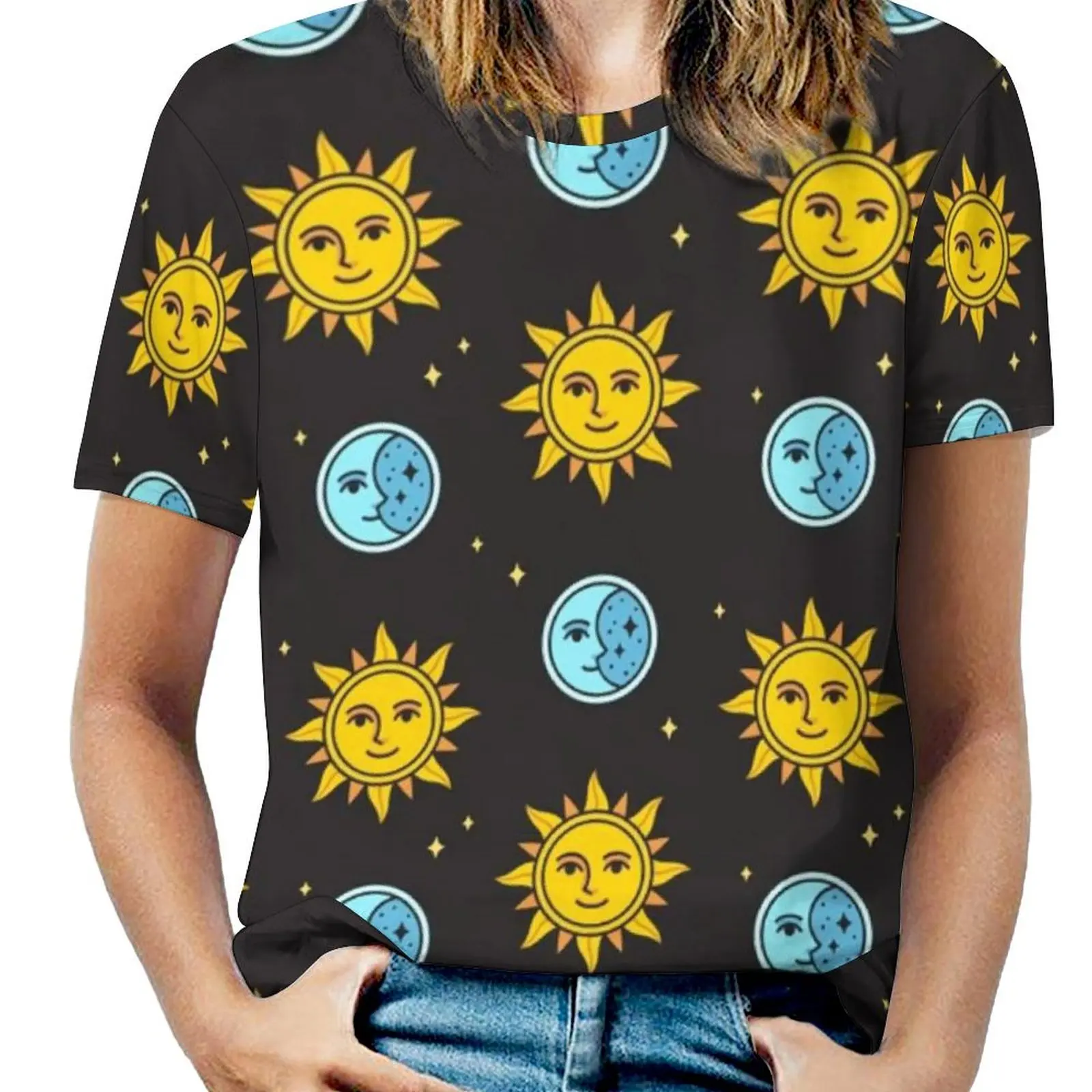 Female T-Shirt Retro Symbol Print O Neck T-Shirts Short Sleeves Sun And Moon Trendy Pattern Tshirt Streetwear Tees Big Size 6XL