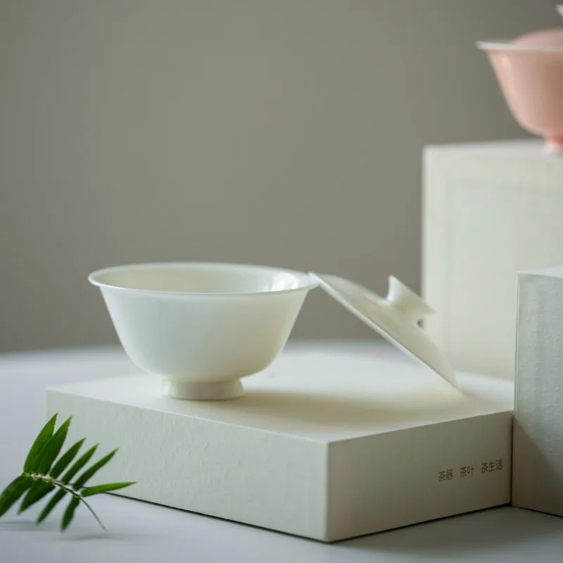 White Porcelain Solid Color Thin Embryo Two Cover Bowl Single Ceramic Bamboo Shadow Tea Bowl Home Living Room Tea Bowl