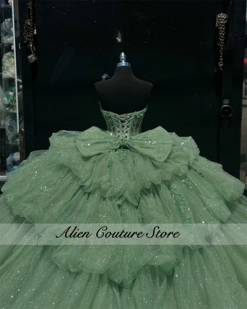 Sparkly Green Corset Quinceanera Dress 2024 Beads Crystal Pearls Ball Gown Prom Dress Bow Vestidos De 15 Años Lace-up Customized