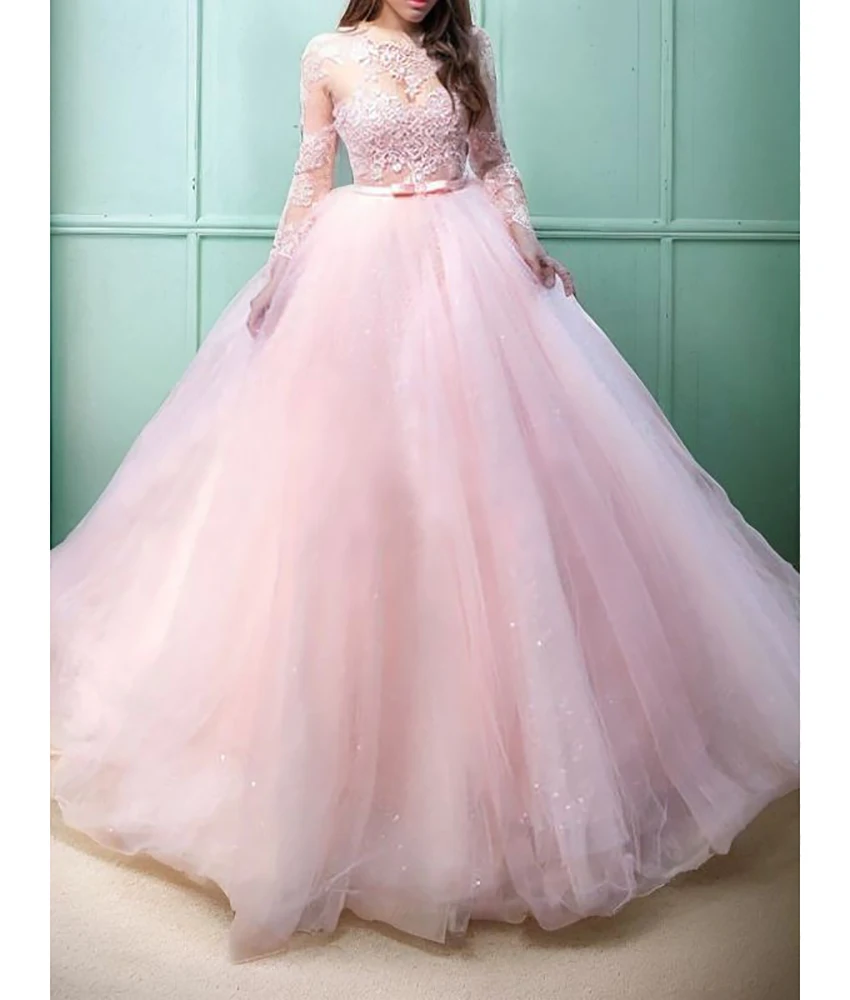 Personalizado sexy organza a linha apliques lantejoulas arco 3d vestido de noite delicado tripulação pescoço mangas compridas فسات evimavera