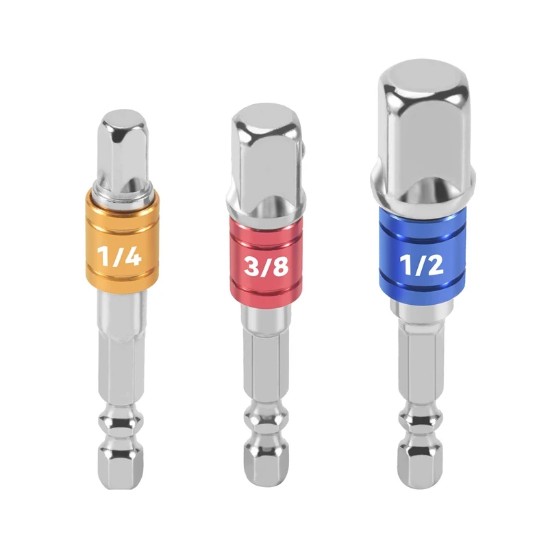 3PCS Socket Adapter Impact Set Hex Shank To 1/4 3/8 1/2 Inch Colorful Extension Converter Impact Drill Bits Driver Power Hand To