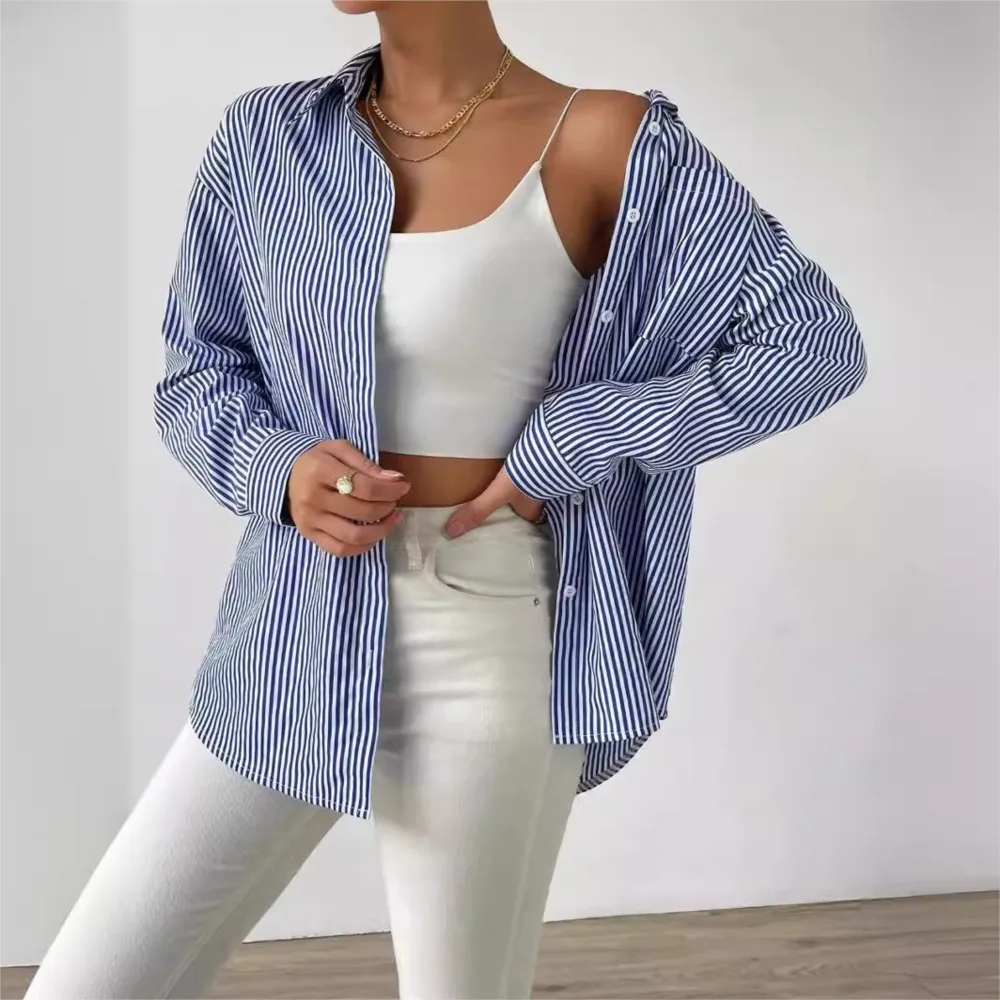 

New Spring and Autumn Women's Striped Casual Loose Collar Shirt Single breasted Long sleeved Cardigan Shirt for Women 2025