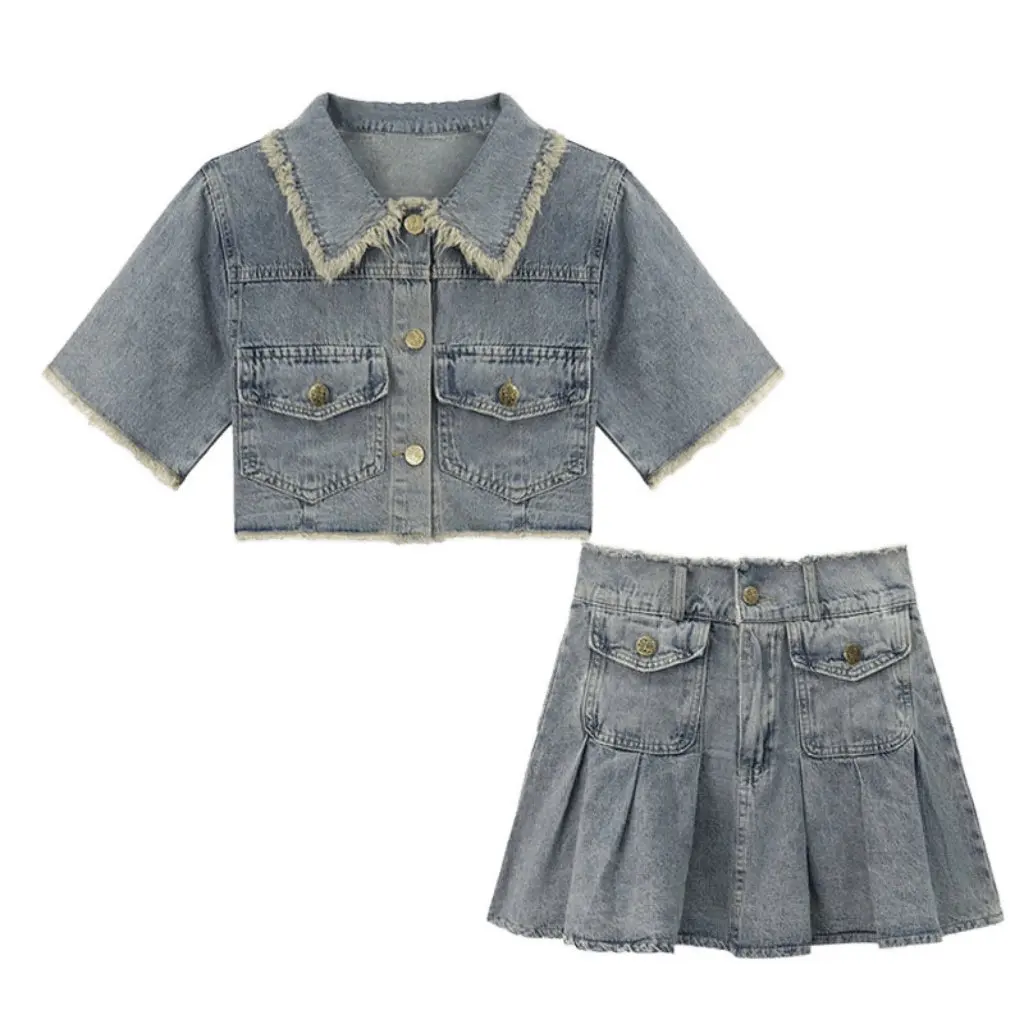 

Women's Retro Washed Raw Edge Denim Suit High Waist Skirt And Short Shirt Two-Piece Set Summer Fashion Niche Collection