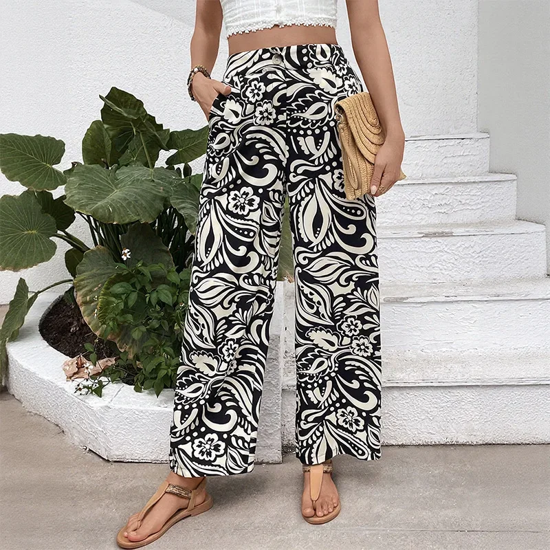 Pantalones de mujer Pantalones rectos y versátiles de cintura alta Pantalones con estampado artístico en novedad de verano finos