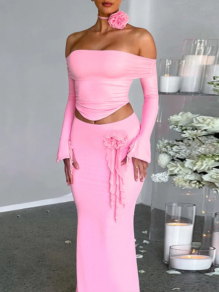 Mozision Elegant Halter 3D Flower Two Piece Sets Women Fashion Off-shoulder Tops And Maxi Skirt Matching Sets Bodycon Sexy Dress