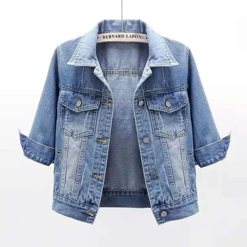 

2024 New Women Spring Autumn Denim Jacket Tops Pink Color Solid Short Multicolor Feminino Three Quarter Sleeve Jean Jacket