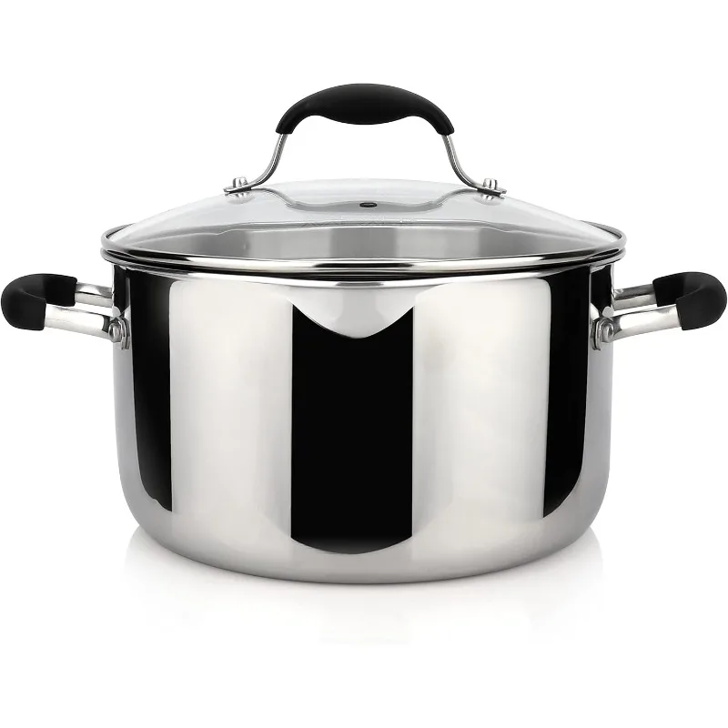 Tri-Ply Stainless Steel Stockpot with Glass Strainer Lid, Side Spouts, 6 Quart Pot, Multipurpose Stock Pot, Sauce Pot (