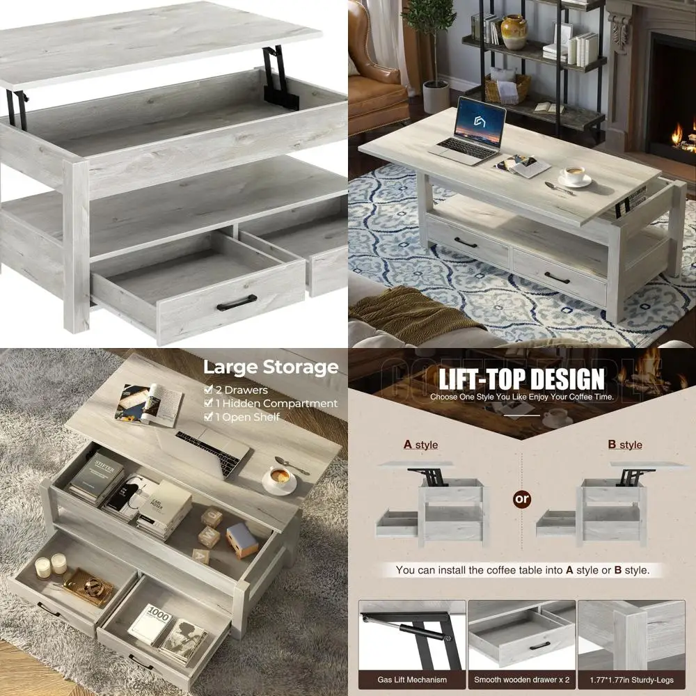 

Grey Wooden Lift-Top Coffee Table with Drawers and Hidden Storage for Living Room