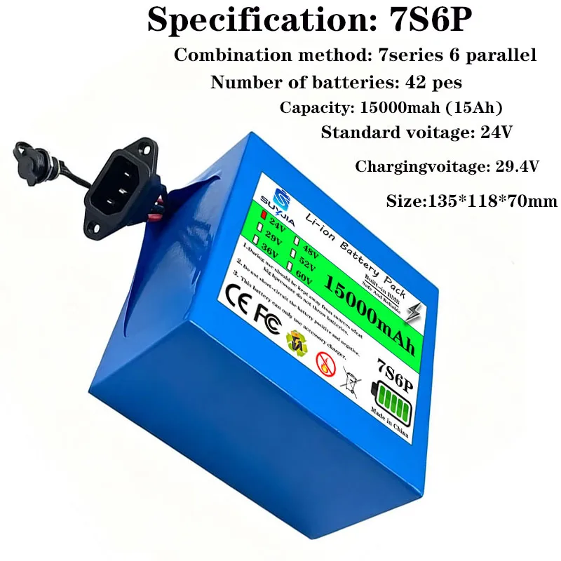 24V 15Ah 7S6P 18650 lithium battery high capacity 29.4V 15000mAh electric wheelchair Electronic rechargeable battery pack