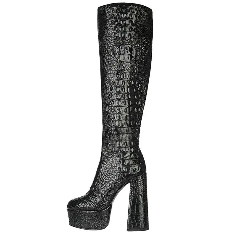 

Dropshipping Sexy Alligator Pattern Super High Heel Boots Pointed Thick Heel Heightened Slim Zipper Women's Boots 34&45