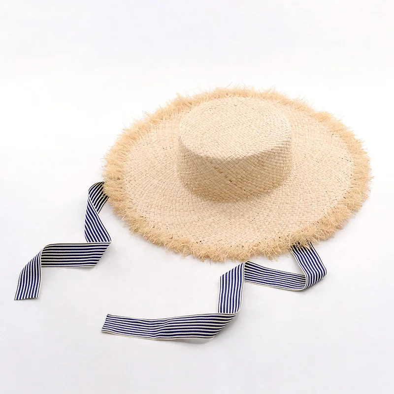 

X248 Sunshade Raffia Sun Hat Wide Brim Strap Hat Outdoor Beach Travel Strap Flat Straw Cap Straw Panama Hat Raw Brim Sun Caps