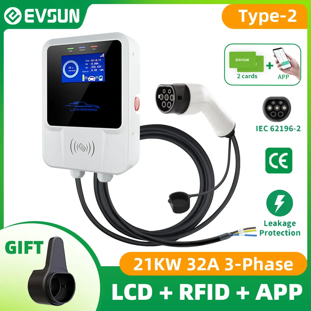 EVSUN estación de carga para coche eléctrico  cargador EV tipo 2  IEC62196-2  Control por aplicación Wifi 21KW  3 fases  caja de pared con Cable