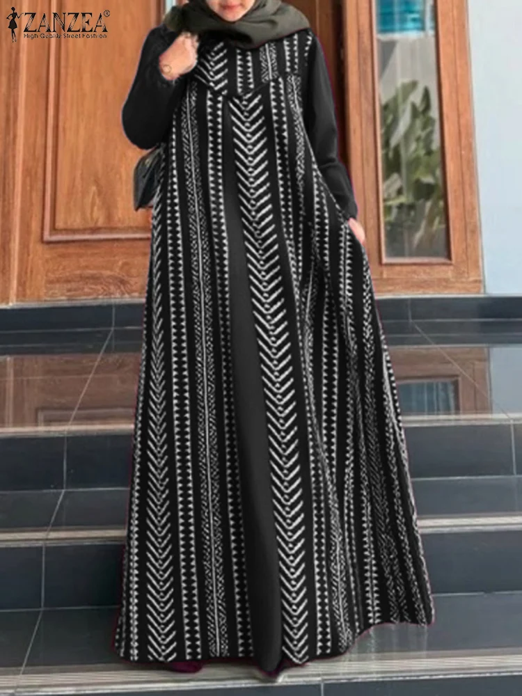 ZANZEA Muslim Islamic Long Vestidos Ethnic Print Patchwork Loose Vintage Hijab O Neck Maxi Dress Women Lantern Sleeve Abaya Robe