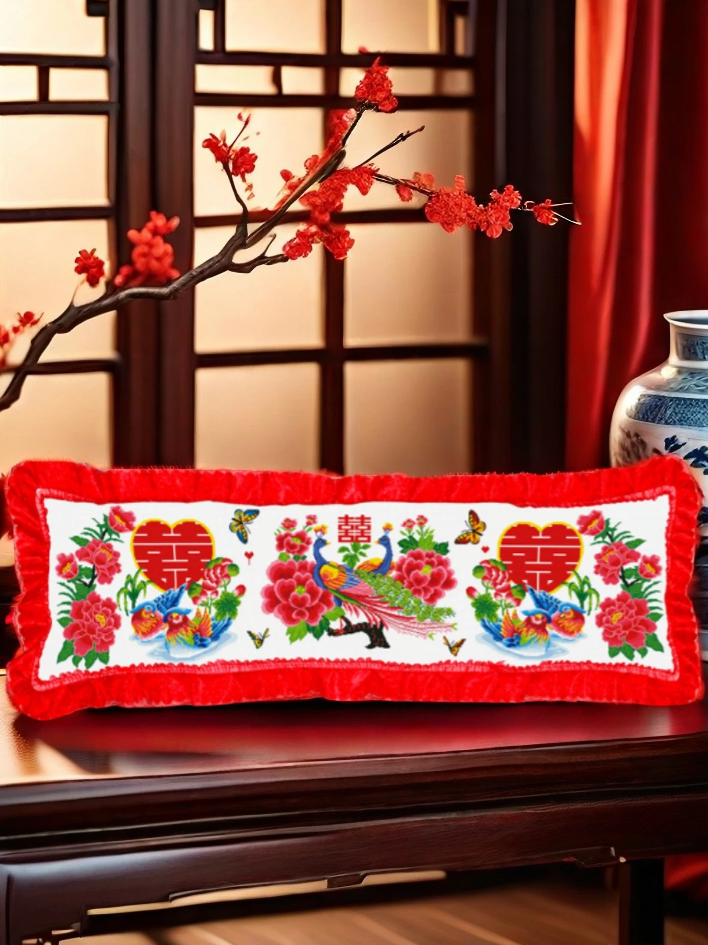 

Peacock Cross Stitch Pillow Cover Festive Mandarin Duck Cross Stitch Cushion Gift for Wedding Cotton Fabric Chinese Style Bed...