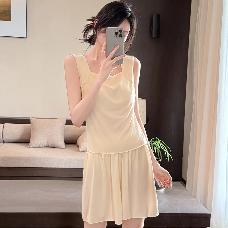 Women's Summer Solid Color Vest Pajamas, Pure Cotton Sexy Shorts with Chest Pads, New Loungewear Sports Outerwear Set XXL Size