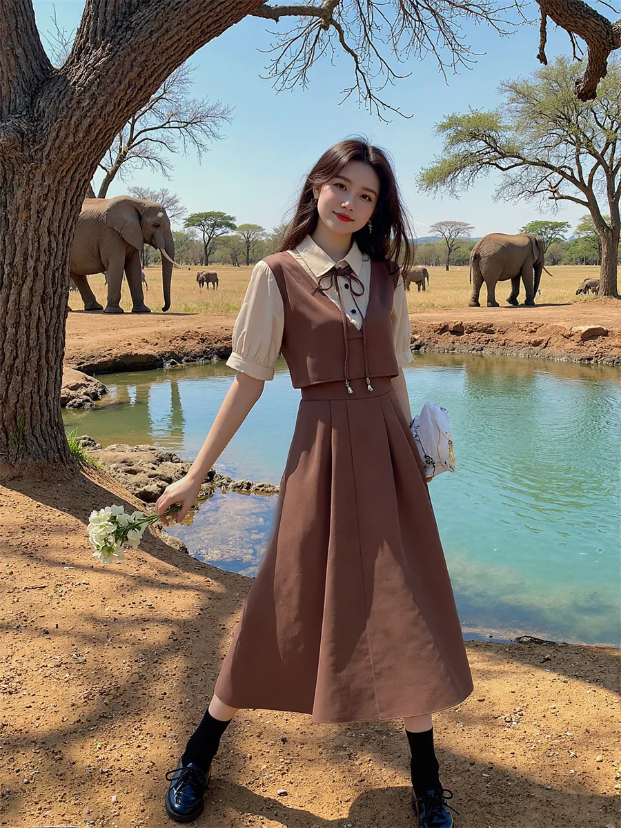 Vestidos femininos casuais e de dia estilo preppy cáqui meia panturrilha plissado à mão babados franzido smocking em camadas empilhados