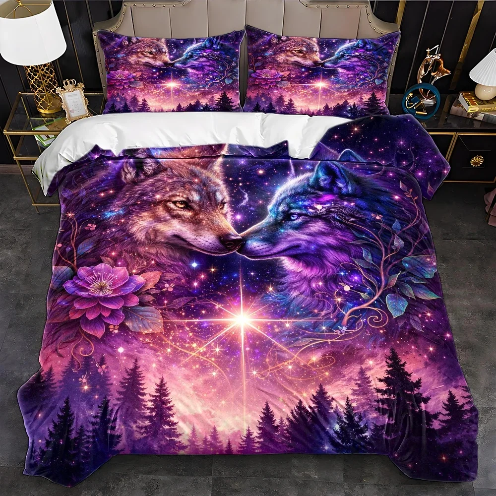 3Pc Starry Wolf Couple Theme Duvet Cover Set, Three-Piece Bed Set (1 Duvet Cover + 2 Pillowcases), Suitable for All Seasons, Machine Washable, Invisible Zipper Design, Large Double Bed Cover Set, Suitable for Home, Dormitory, Master Bedroom, Guest Room, Dreamy Forest Starry Sky Print, Ins-Style Artistic Bedding, Skin-Friendly and Comfortable Bedding Set, Cross-Border Popular Bedroom Bedding, Nordic Style Decorative Bed Cover, Soft and Breathable Duvet Cover Set