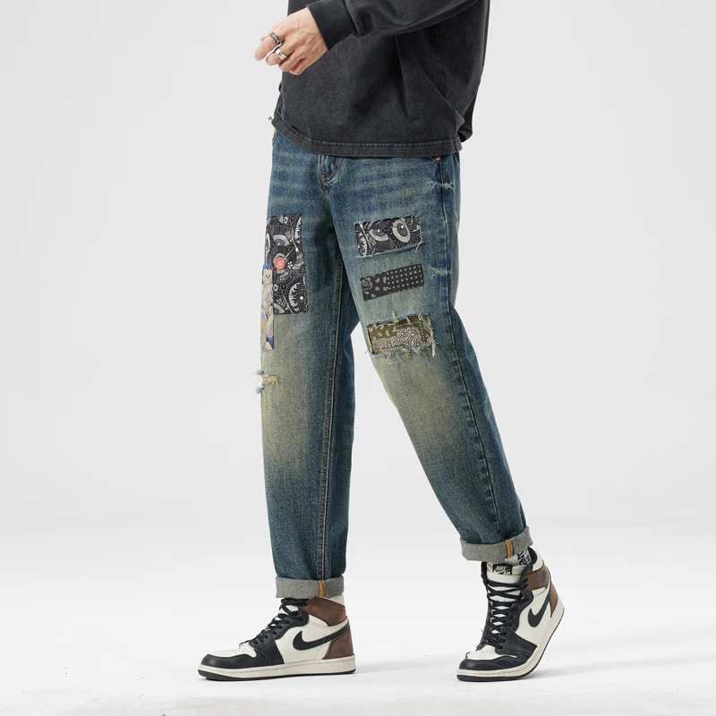 

BGC9787 Tide European street jeans men's broken holes patches hit the colour patch retro personality trend