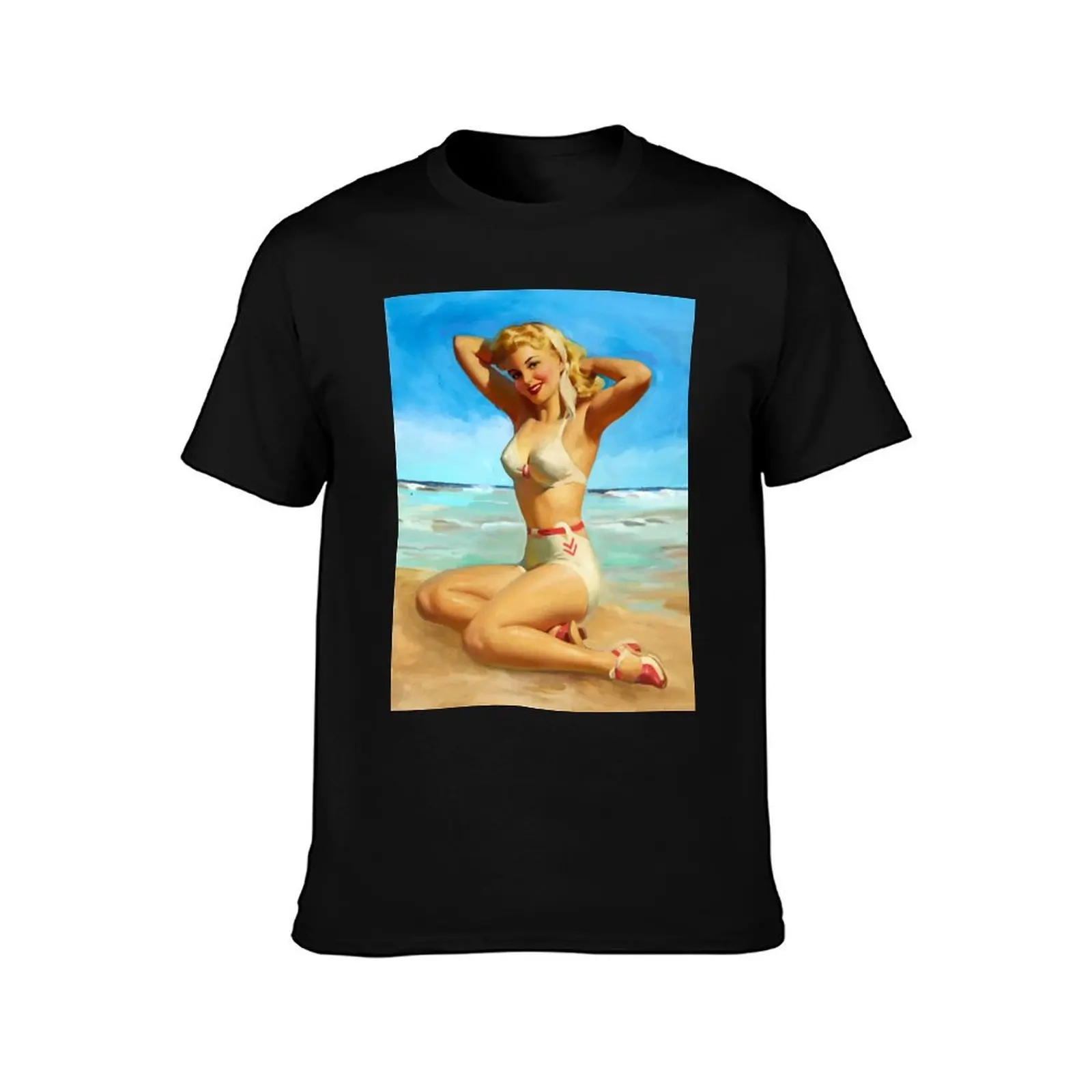 Sexy Pin-Up Lady in Bikini on the Beach T-Shirt Fashion Graphic Tee for Men T-Shirt