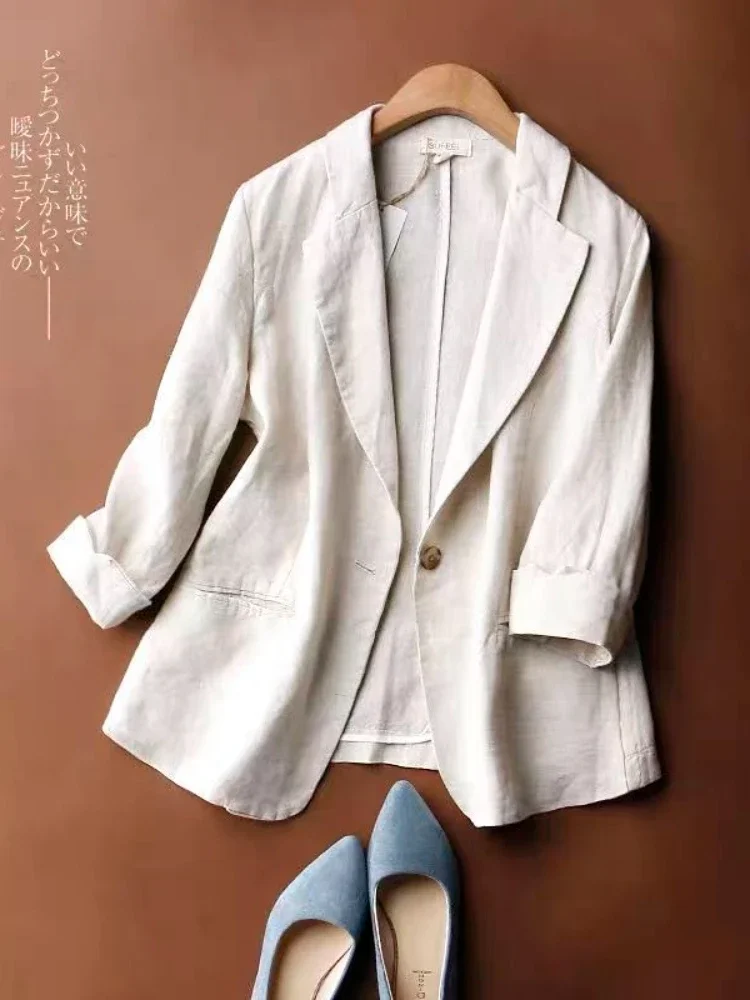 Fashion Woman Blazer 2024 Summer Cotton Linen 100% Suit Jacket White Solid Casual Button Single Breasted Female  X1102