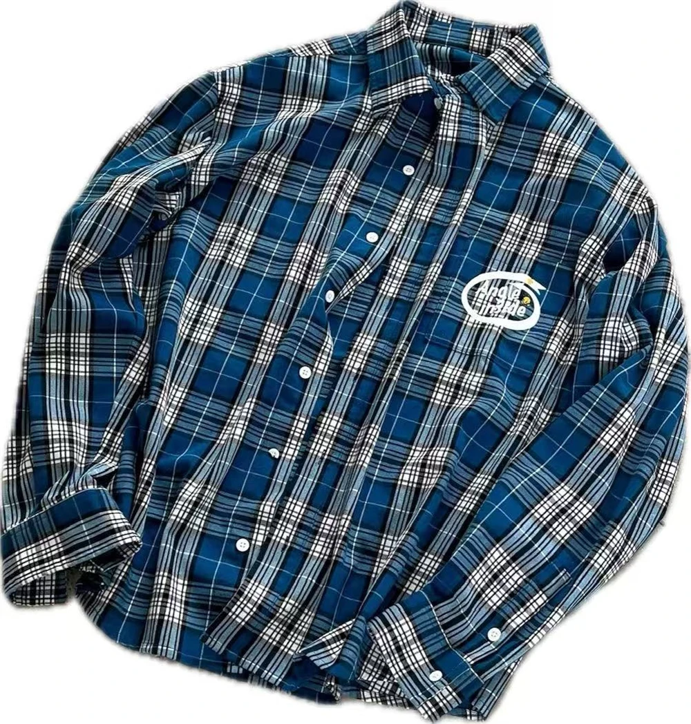 Little Angel Embroidery Blue Plaid Shirts Men Women Best Quality Handmade destruction of tassels at the hem Oversize Shirt
