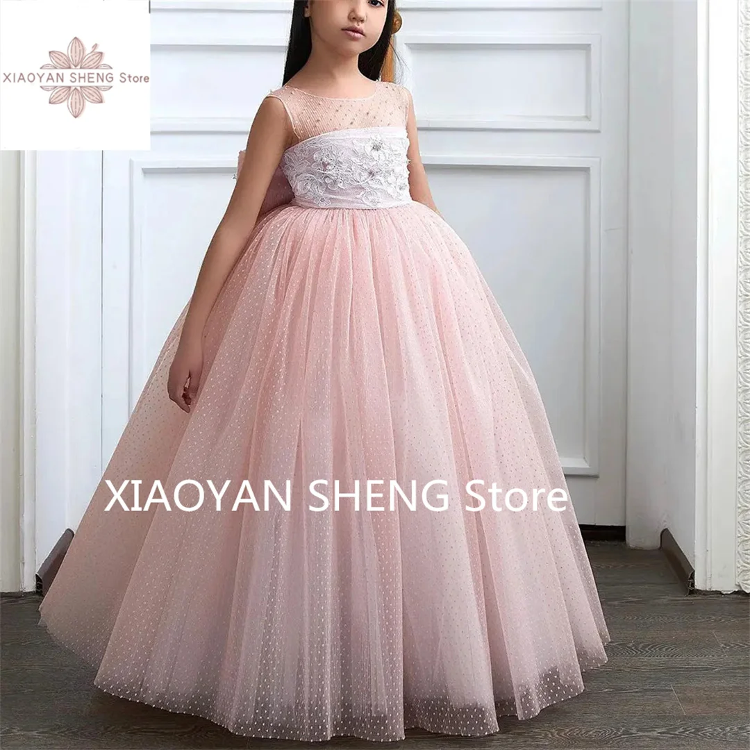 

Elegant Dubai Pink Girl Dress Pearls Bow Arabic Gown for Kid Wedding Birthday First Communion Party 2024 Pageant