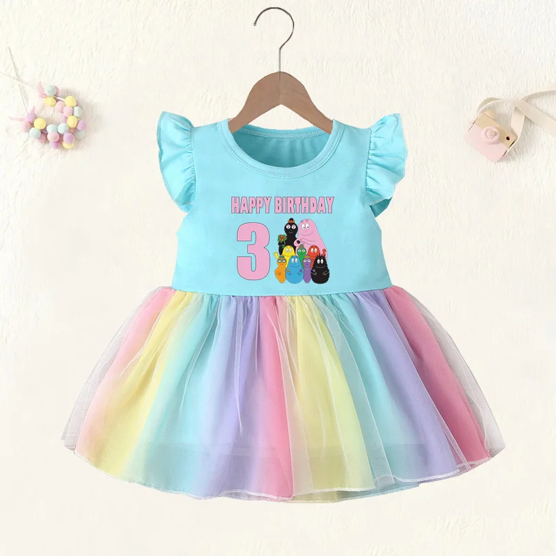 Baby Girl Clothes Age 1 2 3 4 Years Birthday Dress Cartoon Cute Barbapapa Princess Vestidos Toddler Girls Rainbow Mesh Dresses