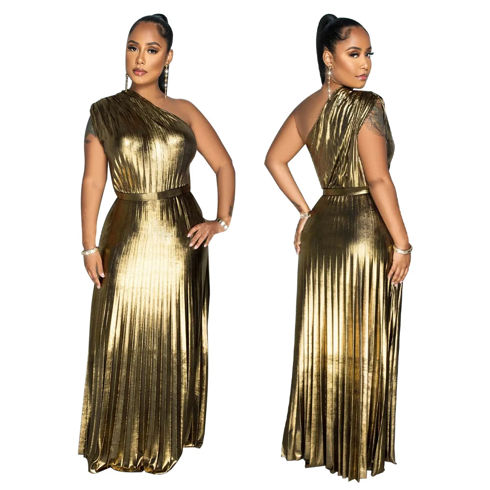 Elegant Women Even Dresses Luxury Maxi Long Metallic Pleated Dress One Shoulder Sleeveless Premium Shiny Shimmer Gowns Dress