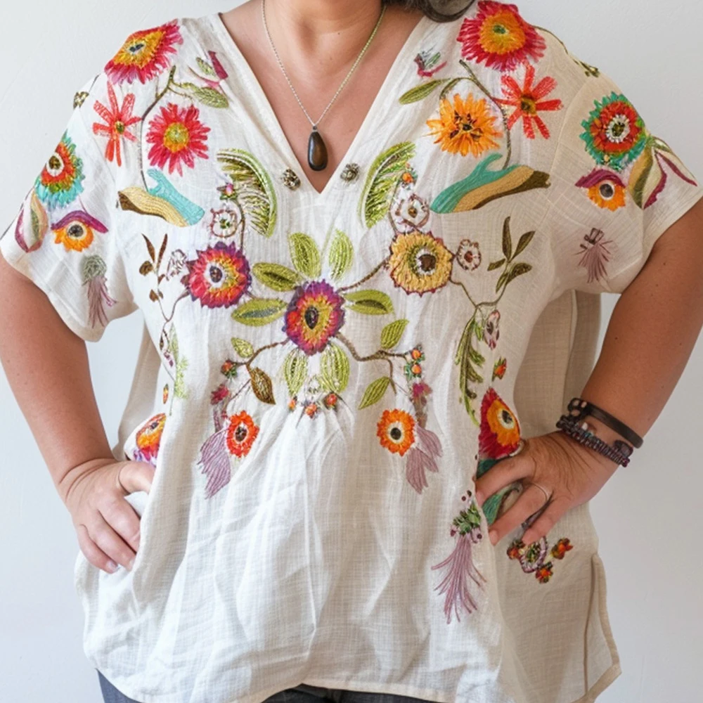 Plus Size Casual White Linen Wildflowers Print V Neck Half Sleeve Blouse Summer Shirts