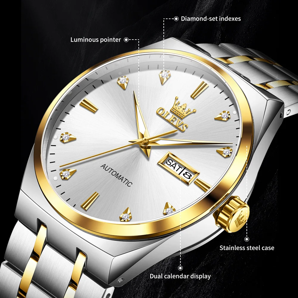 OLEVS 9811 남성용 기계식 시계 스테인레스 스틸 방수 빛나는 듀얼 캘린더 간단한 럭셔리 브랜드 자동 남자 시계
