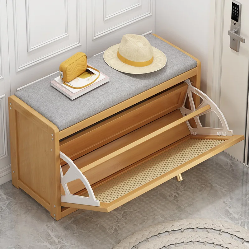 Upholstered Storage Bench Shoe Rack Modern Entryway Seat with Soft Cushion Dual Purpose Shoe Cabinet Sitting Stool for Hallway