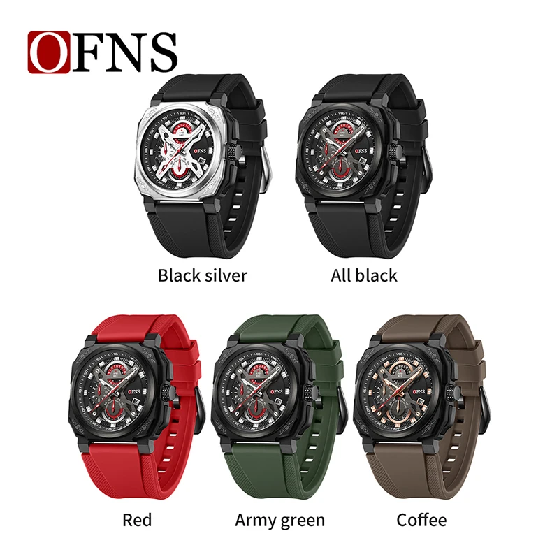 OFNS 8022 Watches Mens Quartz Top Brand Luxury Automatic Date Silicone Waterproof Sport Military Chronograph Wristwatch for Men