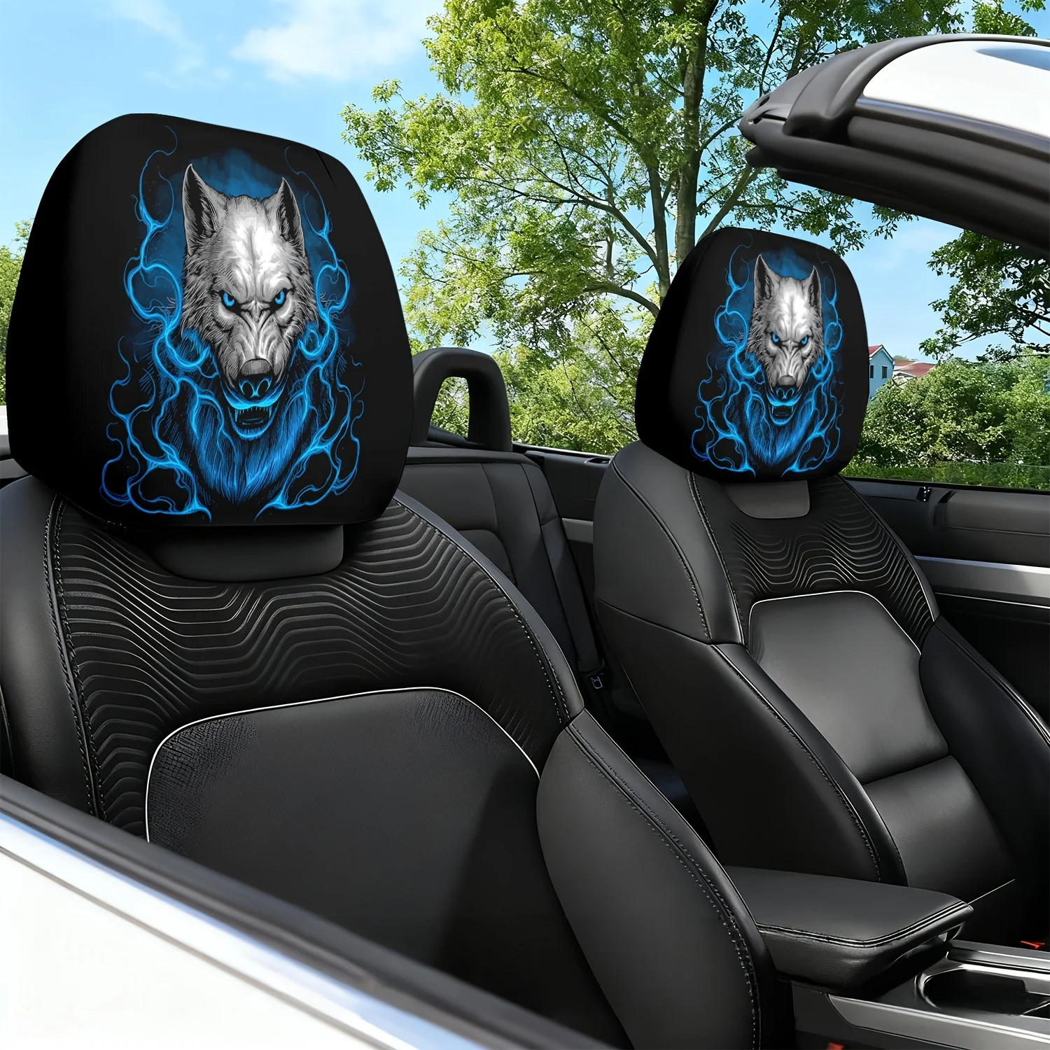 2pcs of Blue Wolf Head Themed Car Headrest Covers Durable Stylish and Comfortable Vehicle Seat Headrest Protectors Unfilled