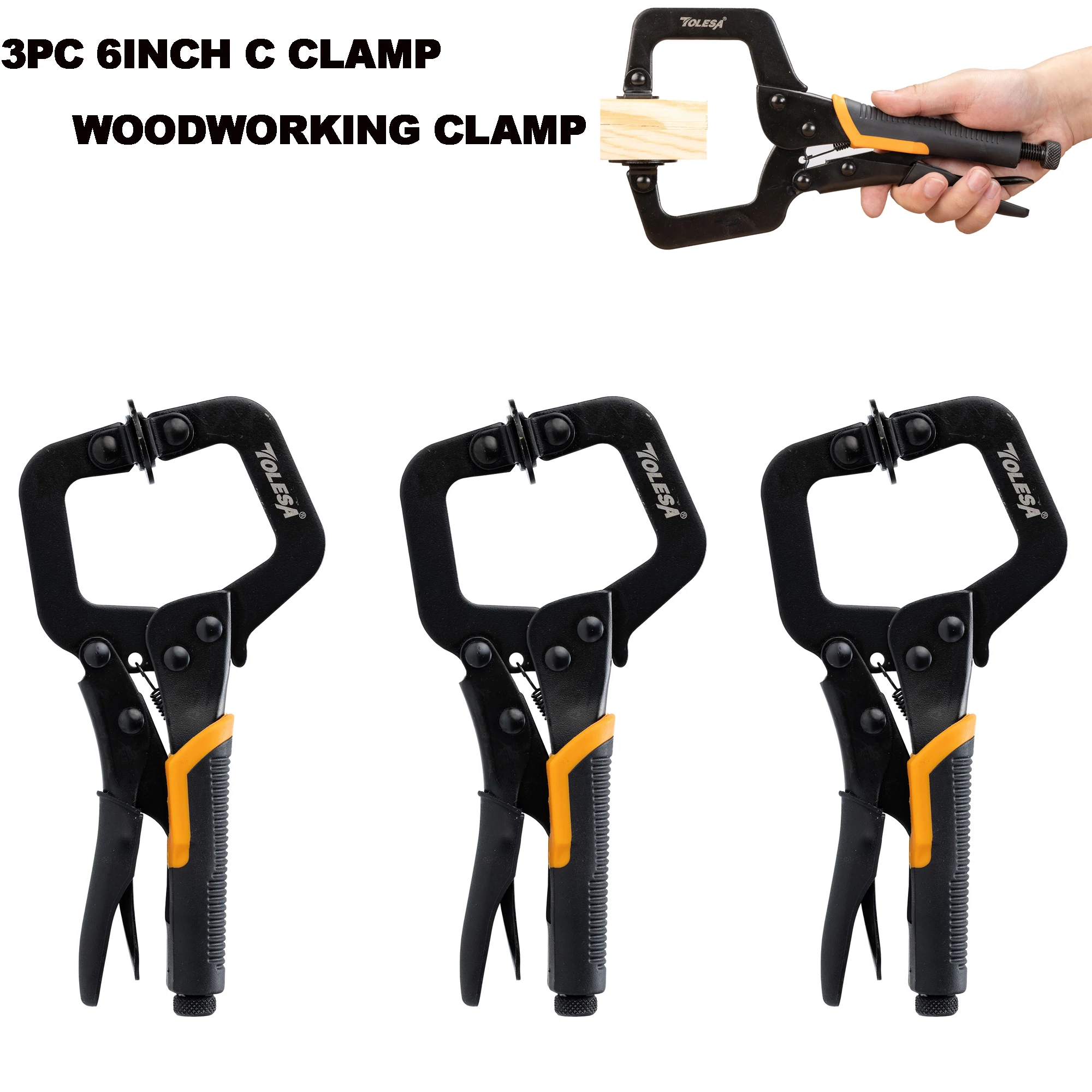 TOLESA 3PCS 6Inch C Clamp Metal Face Clamp Locking Plier with Flat Swivel Pads for Woodworking Pocket Hole Joinery Cabinet