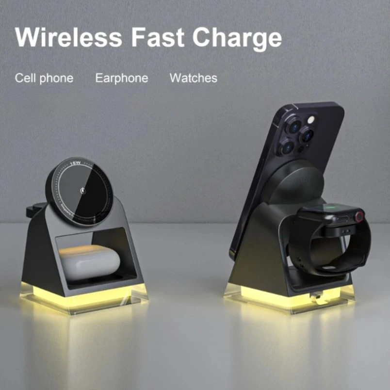 

Магнитная подставка для беспроводного зарядного устройства 3 в 1, светодиодный ночник, держатель для мобильного телефона для iPhone 12-16 для iWatch 10-1 SE Ultra для Airpods