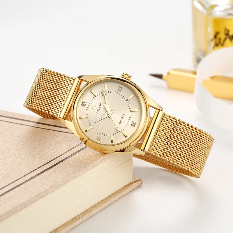 Fashion Wwoor Top Brand Dress Luxury Gold Elegant Diamond Small Quartz Wrist Watches Women Mesh Steel Clock Zegarek Damski