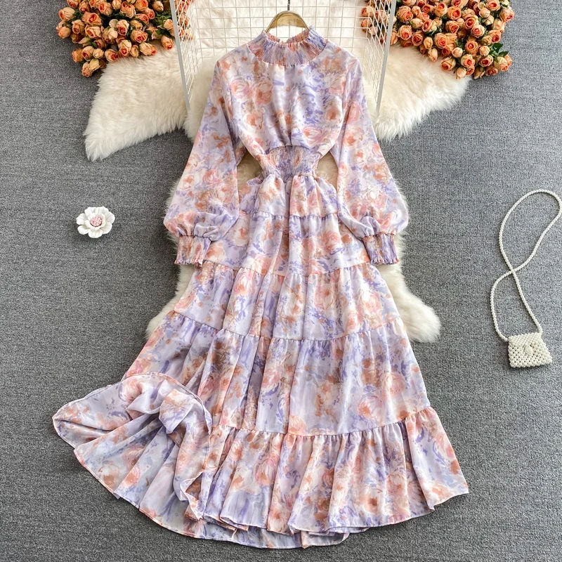 Vestido Longo E com Estampa Floral e Gola Alta em Camadas com Estilo Coreano e Manga Longa