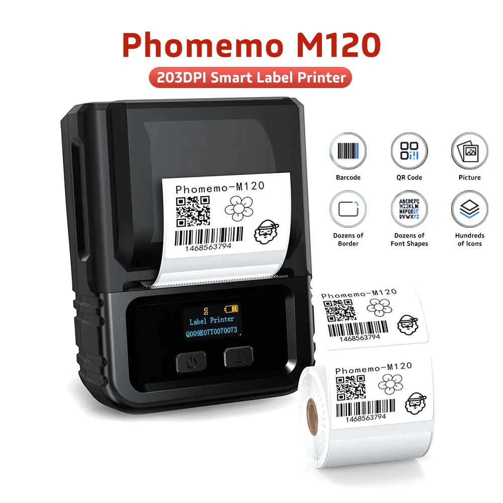 Phomemo M120 Portable Label Printer Maker Wireless Bluetooth Labeling Machine for Small Business,DIY,Photo Print Sticker