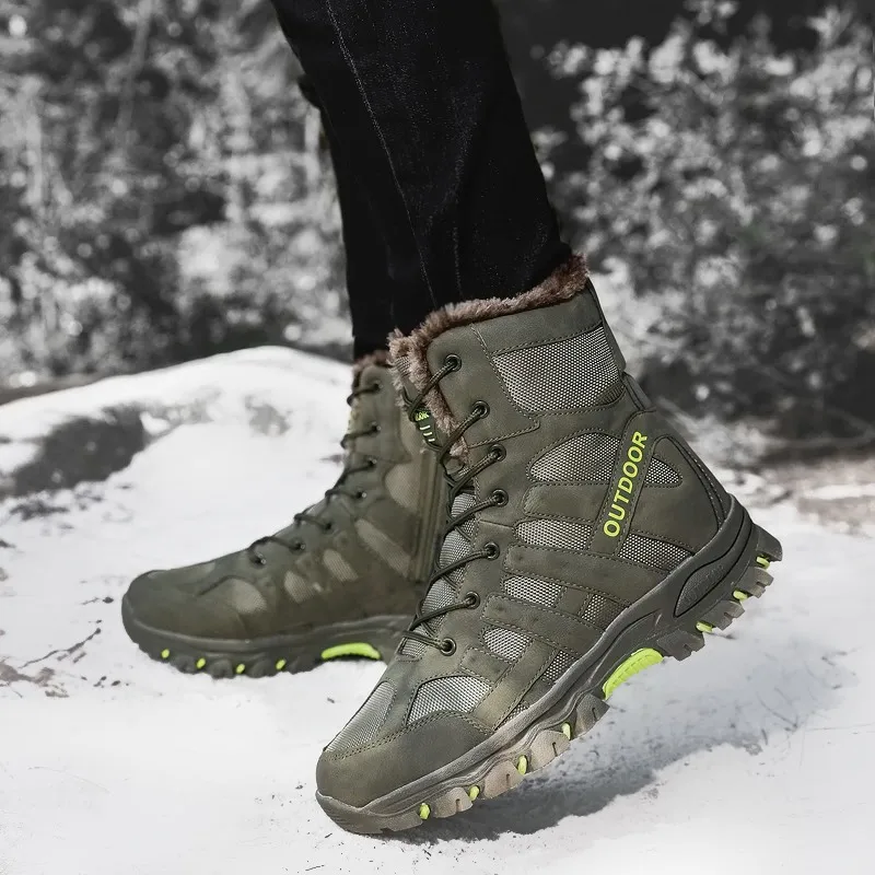 

Winter Men's Boots Outdoor Waterproof Men's Motorcycle Boots Brand Size 47 Thick Plush Warm Snow Boots Lace-UP Men Ankle Boots