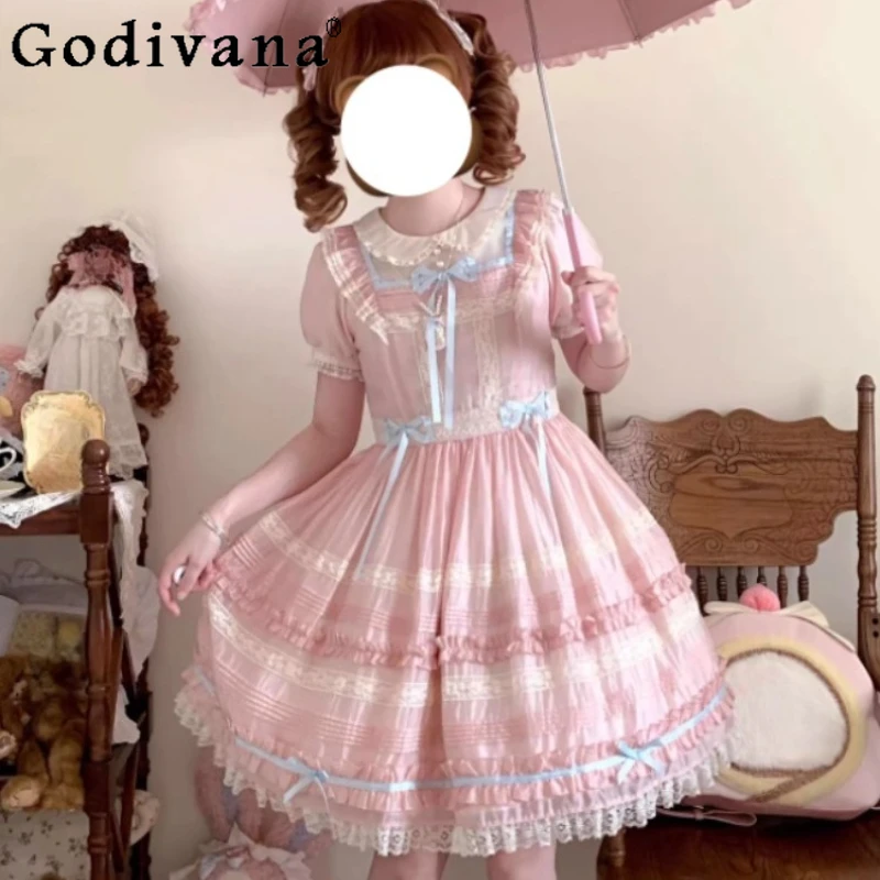 

Elegant Lolita Sweet Doll Collar Op Cute Sweet Short Sleeve Dress Spring New High Waist A-line Lace Ruffles Princess Dresses