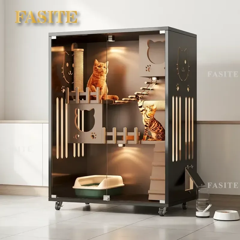 For Modern Light Luxury Foldable Solid Wood Cat Villa Tempered Glass Large Indoor Pet House Animal Pattern Furniture Living