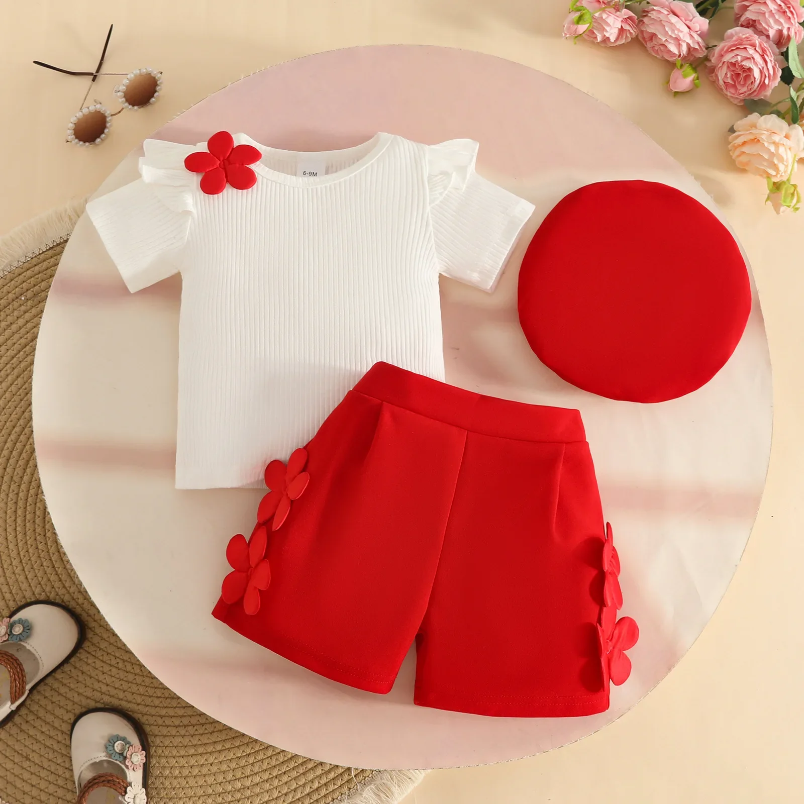 الحلو الفتيات ثلاثية الأبعاد الأزهار الزي 2026 الصيف قصيرة الأكمام أعلى السراويل القبعات 3 قطعة مطابقة مجموعة أزياء الاطفال الملابس ل 0-3Y