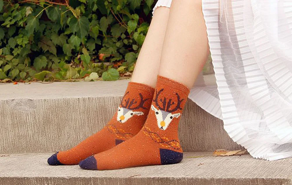 3 Paar/Set Vintage Dicke Kaninchenwollsocken für Damen Retro Winter Harajuku Tiermotive Eule Hirsch Katze Elefant Niedlich Süß – Detail 9